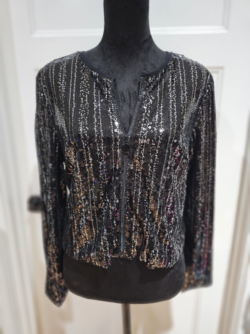 Women's Elegant Black & Silver Sequin Stripe Jacket, NWT